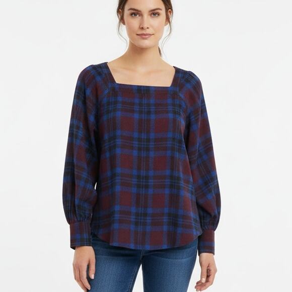 Ann Taylor Factory Plaid Blouse Women’s S Burgundy Blue Long Sleeve Square Neck - Picture 1 of 11